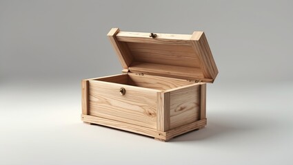 Wooden treasure chest with an open lid showcasing natural grain patterns on a light background ideal for storage or decorative purposes.