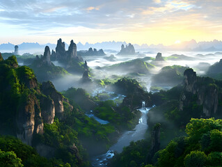 Majestic Mountainous Landscape Illustration With Green Valley And