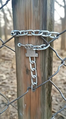 Metallic Chain And Wooden Post Securely Locked On A Fence Photo