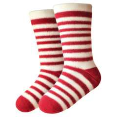Red and white striped socks with cozy and festive design isolated on transparent background (PNG)
