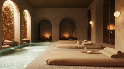 A serene wellness retreat incorporating trendy topics like mindfulness and mental health, with modern design elements