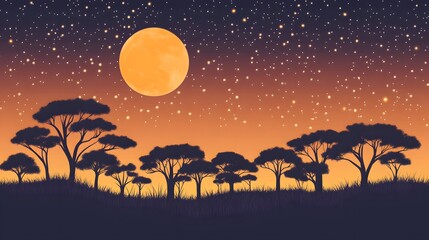 Naklejka premium African Savanna Sunset Silhouette Landscape with Full Moon and Stars