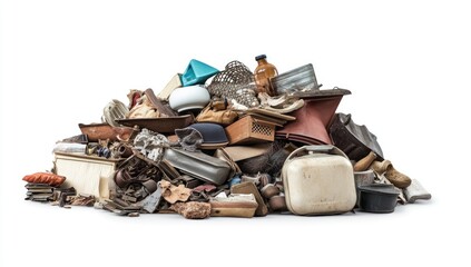 A pile of objects, stacked together, isolated on a white background. A photorealistic picture,