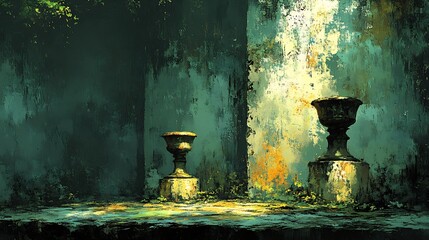 Ancient urns bathed in soft sunlight illuminate a mysterious overgrown garden. AI Generated