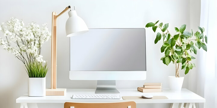 Minimalist Modern White Office Desk Workspace With Computer and