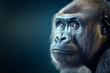 Obraz premium Western lowland gorilla looking away from camera with blue background