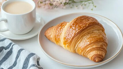 Indulge in the simple pleasures of life with this stunning image of a perfectly baked croissant, its golden crust glistening invitingly Paired with a steaming cup of coffee, it's the ideal start to