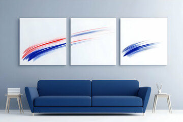 Modern Abstract Painting Illustration On Blue Wall Above Blue Sofa
