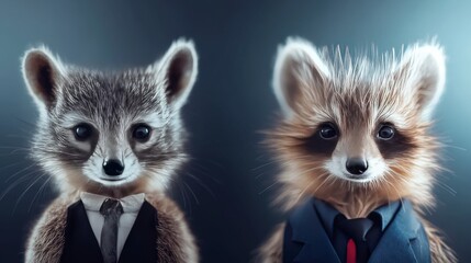Obraz premium Two Cute Racoon Characters Dressed in Business Suits with Stylish Hair Against a Soft Blue Background