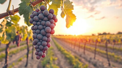 Obraz premium Sunset Vineyard Ripe Red Grapes Hanging on Vine at Golden Hour