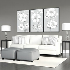 Modern Gray And White Room Illustration With Floral Panels And Lamps