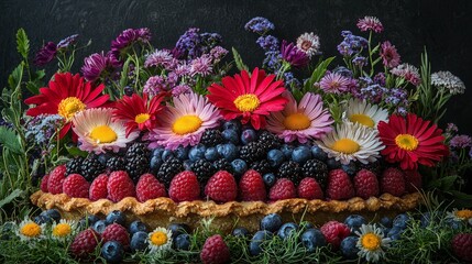 Floral Fruit Tart, Dark Background