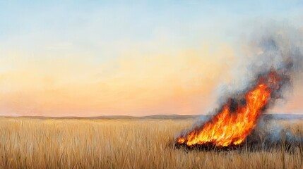 Wildfire Flames Engulfing Grassland at Sunset with Dramatic Smoke and Vibrant Sky in Background