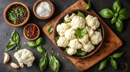 Fresh cauliflower florets with basil leaves, garlic and peppercorns, creating a healthy culinary scene