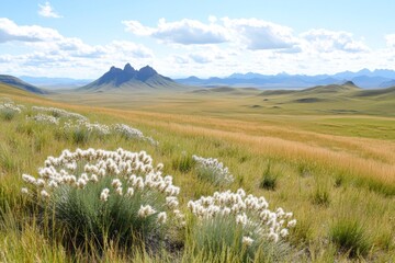 Obraz premium A vast field of lavender swaying gently in the breeze, with a clear blue sky and distant mountains on the horizon