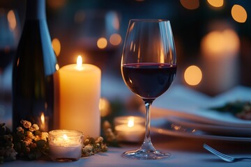 Glass of red wine with candles illuminating romantic dinner table