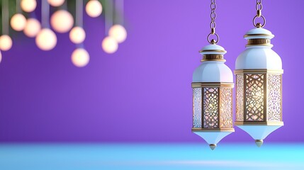White and Gold Lanterns Hanging Against a Dreamy Purple and Blue Gradient Background