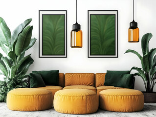 Modern Living Room Interior Yellow Sofa And Plants Realistic 3D