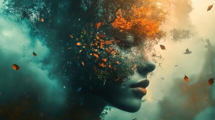 Abstract portrait of a woman with nature elements.  The image represents the beauty of nature.
