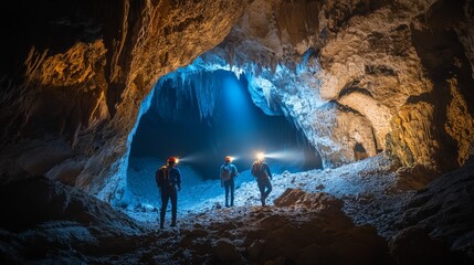 Adventurers navigating a dark cave in Vietnam, illuminated by headlamps