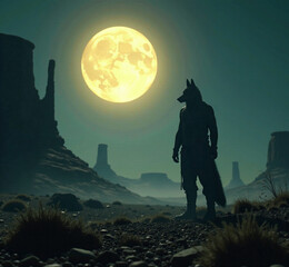 Fototapeta premium A shadowy figure morphs between human and coyote under a full moon, surrounded by ancient desert ruins and swirling mist, embodying the eerie essence of Navajo skinwalker lore.