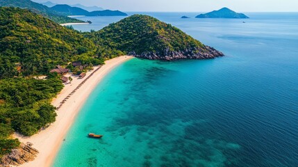 Aerial view of a Vietnamese beach, with turquoise water and vibrant coral reefs