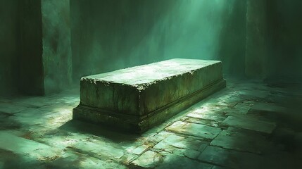 Ancient stone slab rests mysteriously in dimly lit crypt eerily green hue. AI Generated