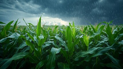 Heavy rain falling over a green cornfield during a summer storm