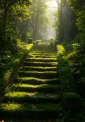 adorned with velvety blankets of moss that beckon you to embark on a captivating journey of awe and fascination, Step into mesmerizing realm of a verdant forest floor, background