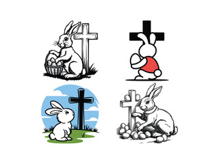 Easter Bunny with Cross Line Art | Christian Rabbit Illustration | Religious Clipart 
