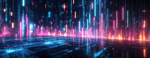 Fototapeta premium A vibrant digital landscape filled with colorful data streams and light effects.