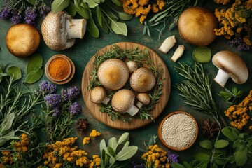 A vibrant still life of mushrooms, herbs, and spices arranged on a rustic table, with warm lighting highlighting their textures