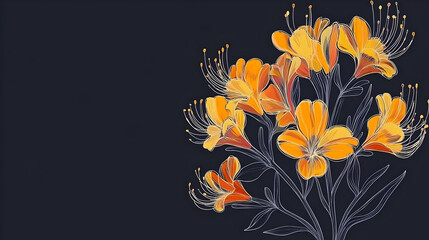 Orange Flowers Illustration Dark Background Blooming Floral Abstract