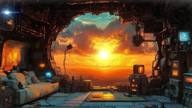 Futuristic room with sunset view.  A comfortable couch sits in a technologically advanced space, overlooking a vibrant, fiery sunset. seamless looping 4k time-lapse virtual video animation background