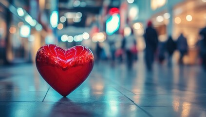 Fototapeta premium A red heart symbol on a blurred background of a shopping mall, with people walking and a city street. This represents the love concept for Valentine's Day celebrations or healthcare advertising.
