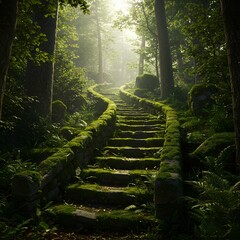adorned with velvety blankets of moss that beckon you to embark on a captivating journey of awe and fascination, Step into mesmerizing realm of a verdant forest floor, background
