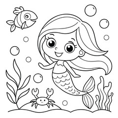 Cute Mermaid and Sea Life Kids' Coloring Page