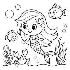Whimsical Mermaid Scene Fun Ocean Coloring Sheet