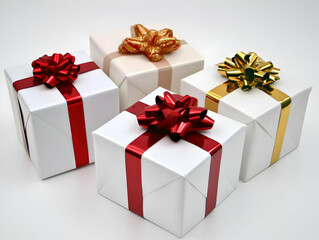 Fototapeta premium Photo of White Gift Boxes with Red and Gold Ribbons for a Celebration