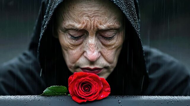 A grieving widow in a black veil stands in the rain, placing a red rose on a casket at a solemn funeral.