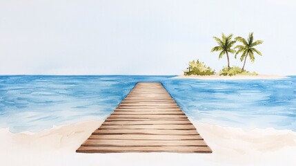 Naklejka premium Tranquil wooden pier leading to serene blue waters and a tropical island with lush greenery and swaying palm trees