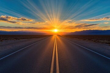 Naklejka premium A road leading into the distance with an epic sunset in the background. The sky is blue and orange, with clouds that resemble rays of light shining down to create beautiful patterns.