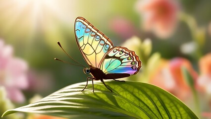 Fototapeta premium A delicate, intricately patterned butterfly with iridescent wings showcasing a mesmerizing dance of blues, greens, and yellows against a soft, creamy white background, its slender body and feathery an