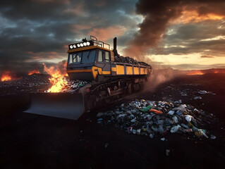 Pixelated Illustration Of A Bulldozer In A Polluted Landfill At