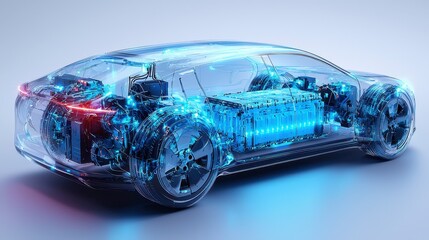 Fototapeta premium Detailed Illustration of an Electric Car with Transparent Body and Visible Lithium Battery Technology