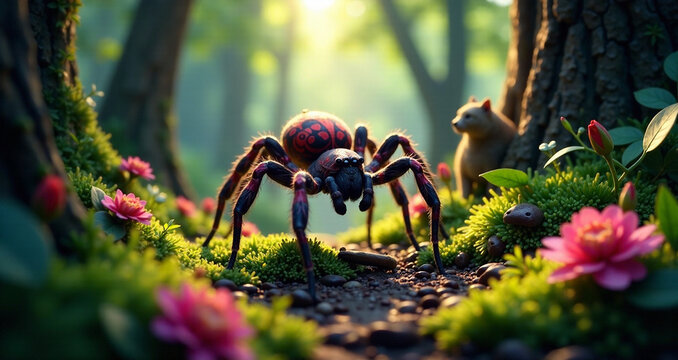 A vibrant, mystical forest scene with Anansi the spider weaving intricate webs of stories, surrounded by colorful animals and ancient trees, all infused with magical light and patterns of African text