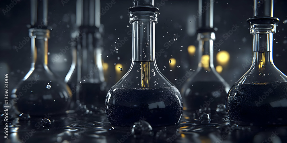 Poster realistic 3d image of glass flasks with dark liquid and splashes in