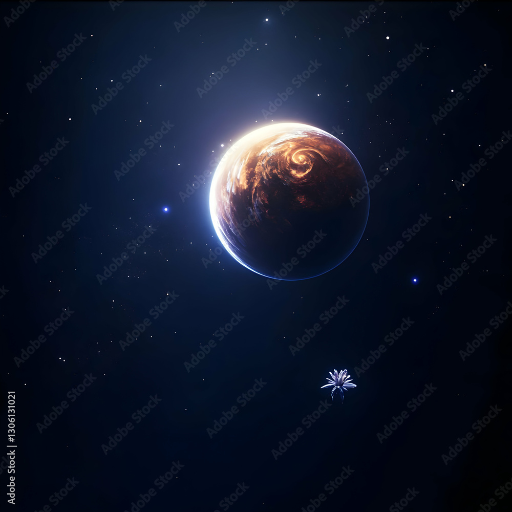 Poster realistic 3d render of a planet in space with stars and galaxy