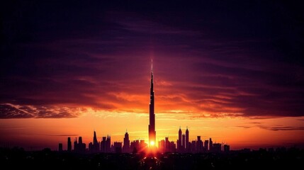 Naklejka premium Dramatic Sunset Silhouette of City Skyline with Tall Skyscraper
