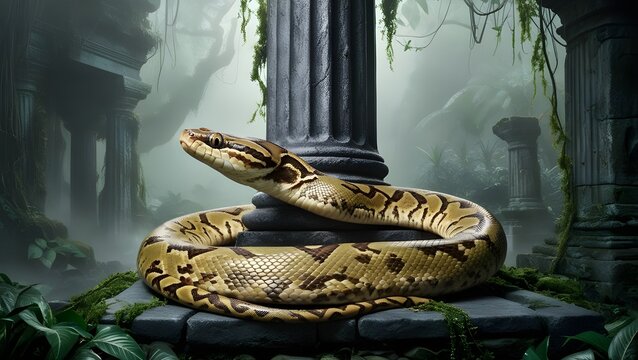 A majestic saanp, also known as an Indian rock python, is coiled around a ancient stone column in a misty, mystical jungle, its scaly skin a mesmerizing blend of earthy tones - olive green, brown, and